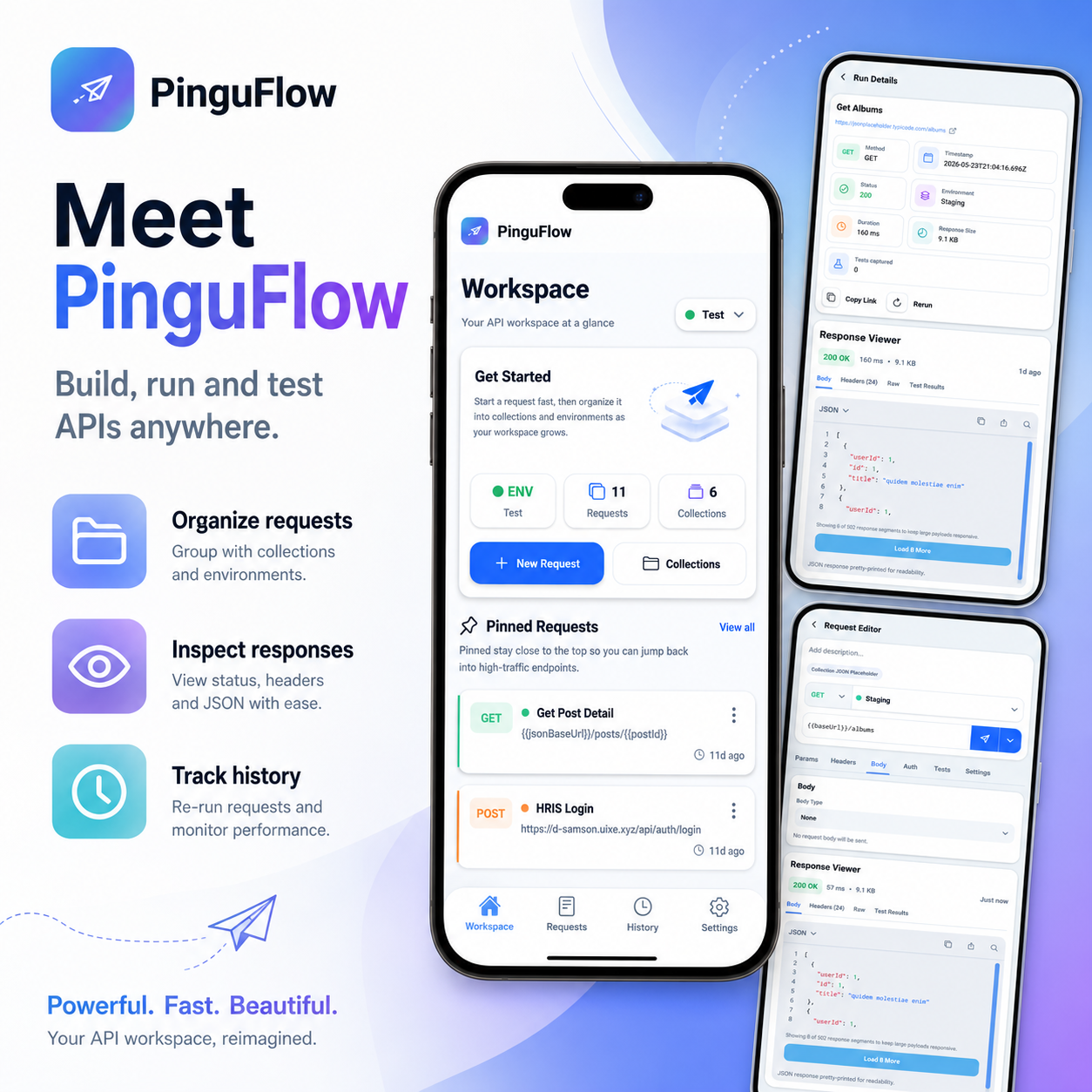 PinguFlow app screens showing the workspace, run details, request editor, and response viewer.