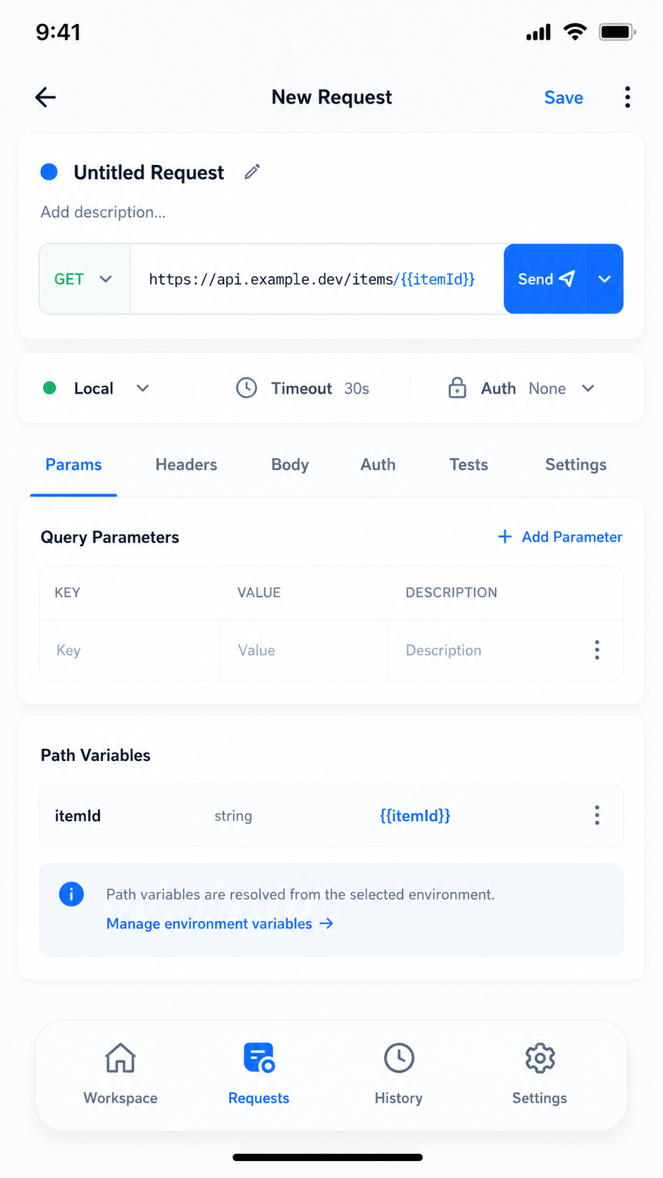 PinguFlow request builder showing URL, method, parameters, path variables, and send controls.