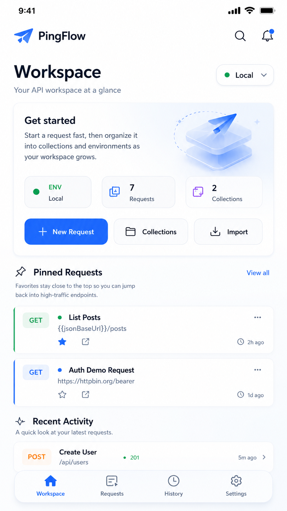 PinguFlow workspace with pinned requests, collections, environments, and recent activity.